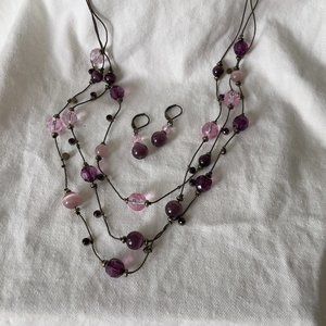 Purple and Bonze-toned Beaded Layered Necklace and Drop Earrings Set